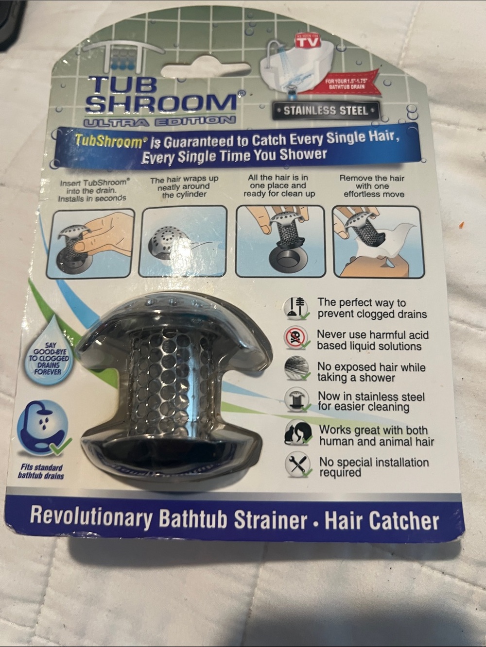 Tub Shroom Ultra Edition Stainless Steel Bathtub Hair Strainer - Silver